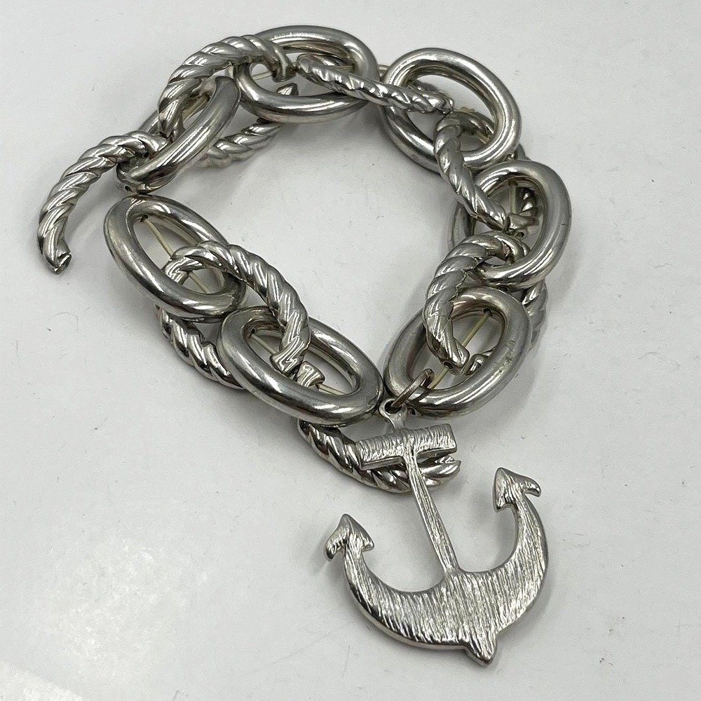 Vintage Silver Tone Chunky Cable Link Rhinestone‎ Anchor Charm Nautical Bracelet